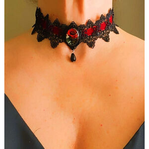 Gothic Rose Lace Choker with Red Velvet RibbonDramatic black lace choker featur